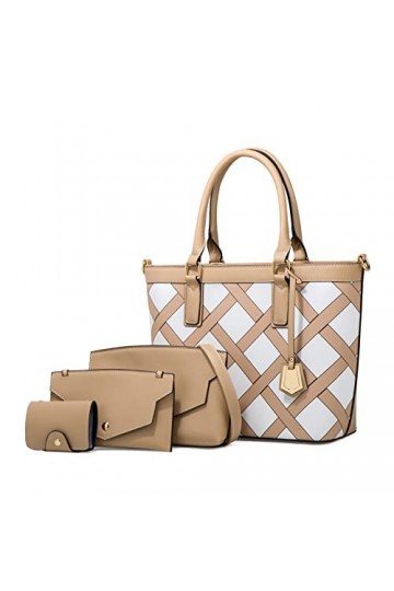 FANDARE Rétro Sac à Main Femme Étanche Sac Portés Épaule 4pcs Set Tote Cabas Sacs Bandoulière PU Cuir à Carreaux Sac à Main p