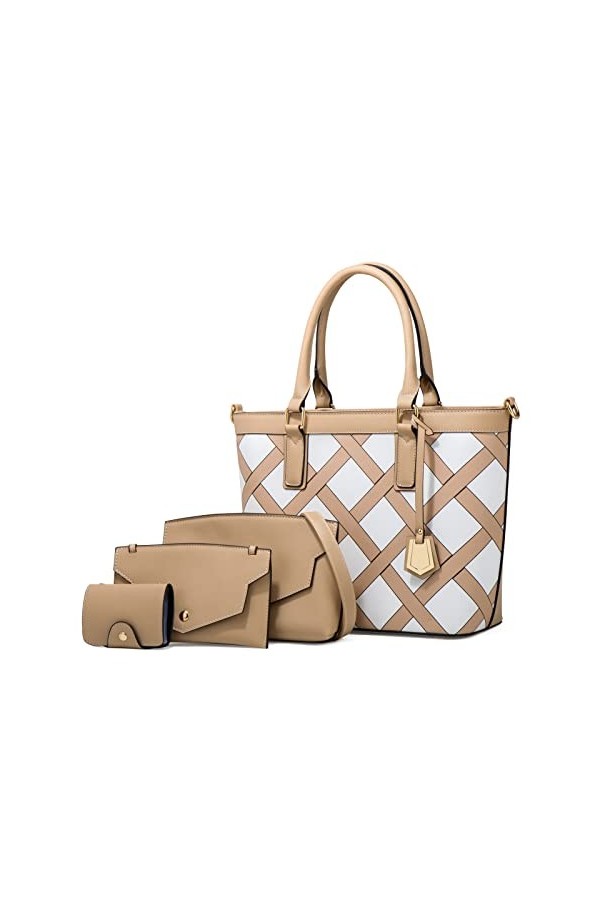 FANDARE Rétro Sac à Main Femme Étanche Sac Portés Épaule 4pcs Set Tote Cabas Sacs Bandoulière PU Cuir à Carreaux Sac à Main p