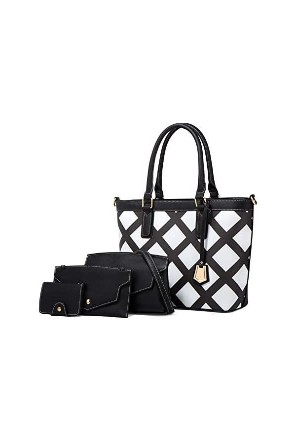 FANDARE Rétro Sac à Main Femme Étanche Sac Portés Épaule 4pcs Set Tote Cabas Sacs Bandoulière PU Cuir à Carreaux Sac à Main p