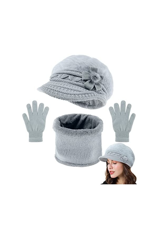 CheChury Femme Ensemble Bonnet Echarpe de Doublure Épais Polaire Avec Gants Fleece Bérets dhiver femme 3 pièces Tube Echarpe
