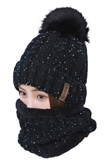 LCZTN Ensemble bonnet avec pompon et écharpe pour femme avec doublure en polaire, Noir , taille unique