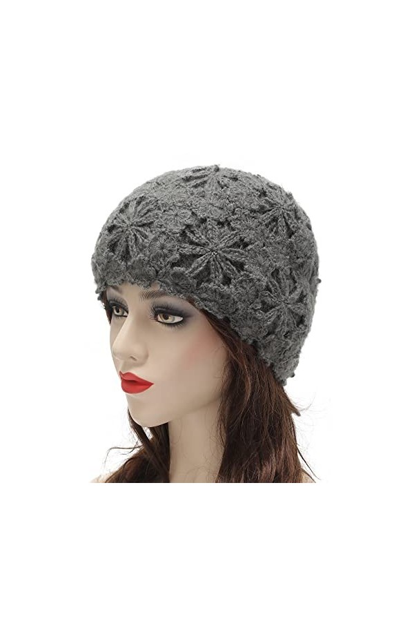 ZLYC Bonnet dhiver en tricot doux pour femme avec motifs de fleurs, Gris foncé à motif floral, Taille unique