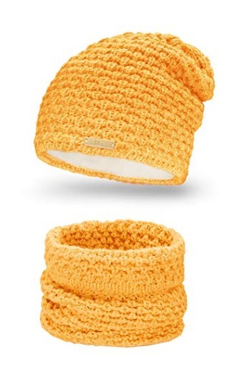 Mikos * Ensemble dhiver composé dune écharpe dhiver et dun bonnet tricoté/bonnet assorti 690 . Curry 