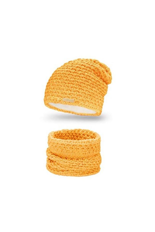 Mikos * Ensemble dhiver composé dune écharpe dhiver et dun bonnet tricoté/bonnet assorti 690 . Curry 