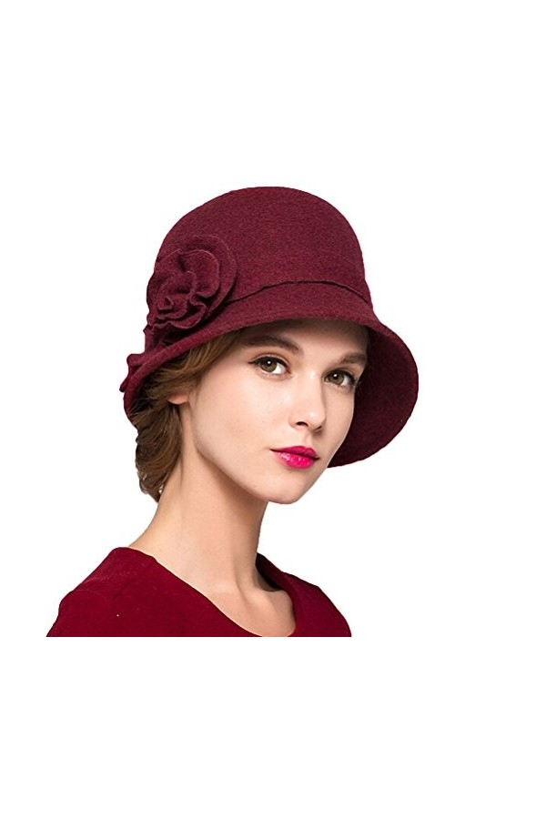 Maitose™ De la Femme Laine en Feutre Fleurs Eglise Bowler Hats Vin Rouge