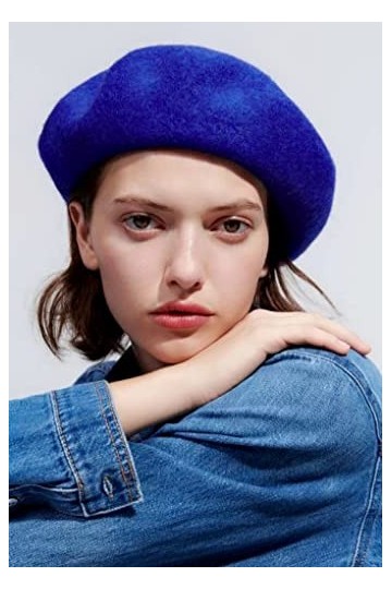 Béret en laine française pour femme - Bonnet dhiver classique de couleur unie bleu roi , bleu