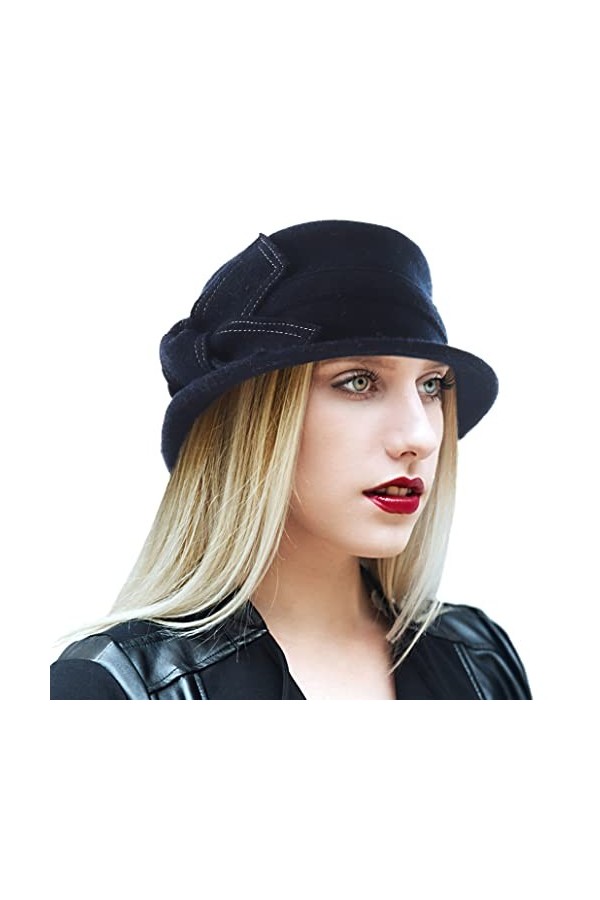 Ruphedy Béret vintage en laine pour femme - Style années 1920, Nœud - Bleu marine, taille unique