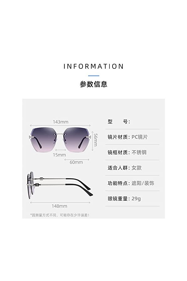 Lunettes de Soleil sans Cadre à Bords coupés Lunettes de Soleil pour Femmes en métal Conduite Lunettes de Soleil dextérieur 