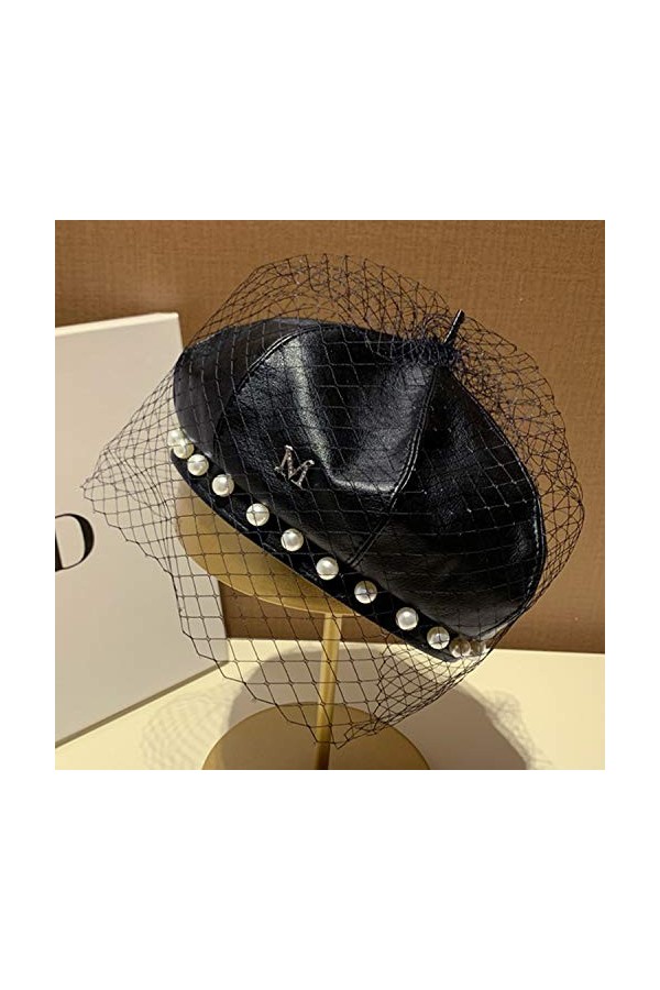 Béret en cuir, béret rétro français, design unique, assortiment de mode, dentelle de perle, simple et décontracté, chapeau ci