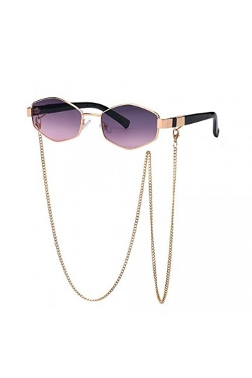 HPIRME Rétro Hexagone Avec Chaîne Lunettes De Soleil Femmes Unique Polygone Lunettes De Soleil Pour Femme Petit Cadre, Violet