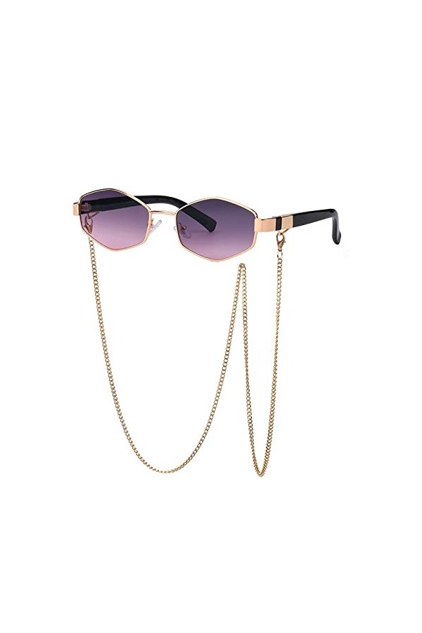 HPIRME Rétro Hexagone Avec Chaîne Lunettes De Soleil Femmes Unique Polygone Lunettes De Soleil Pour Femme Petit Cadre, Violet