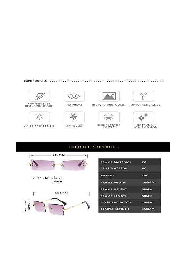 SENFEISM Lunettes de soleil tendance rétro sans monture pour femme