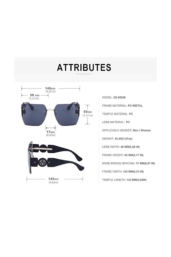 MUTYNE Lunettes de soleil carrées sans monture surdimensionnées Femmes Hommes Lunettes de soleil sans cadre pour dames Lunett