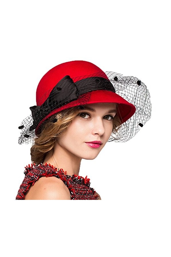 Maitose™ Bow Laine Femmes Se sentaient Bowler Hat Dark Red Veil