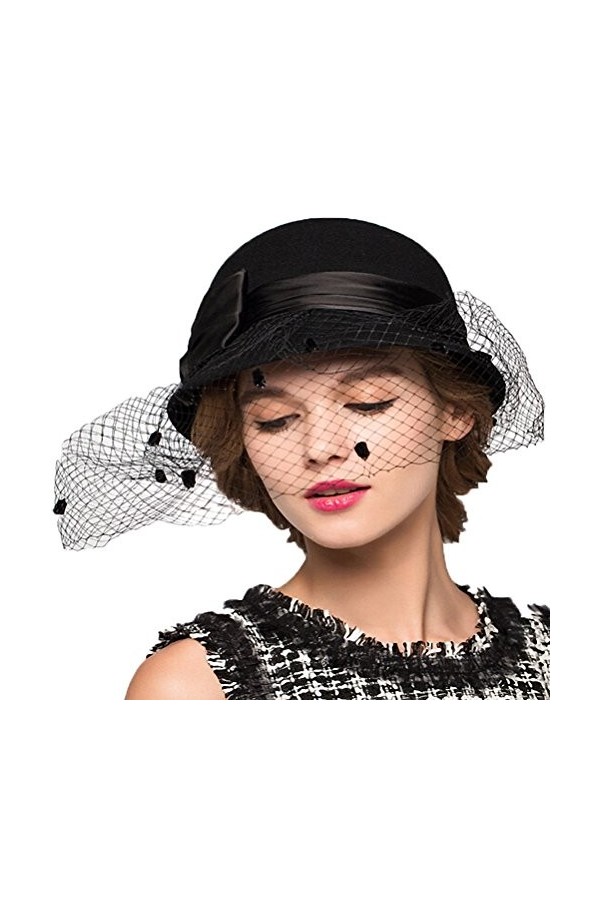 Maitose™ Bow Laine Femmes Se sentaient Bowler Hat Dark Red Veil