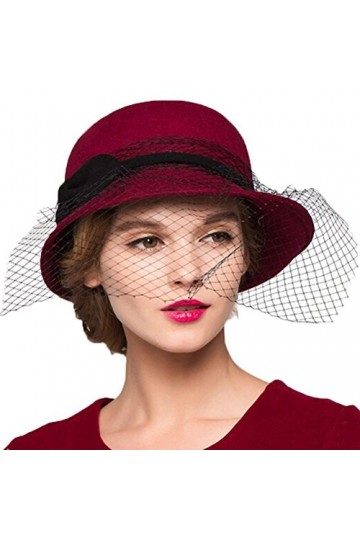 Maitose™ De la Femme Laine en Feutre Fleurs Eglise Bowler Hats Veil Vin Rouge
