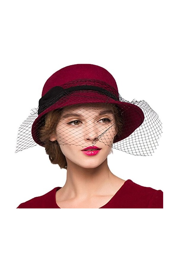 Maitose™ De la Femme Laine en Feutre Fleurs Eglise Bowler Hats Veil Vin Rouge