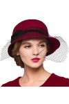 Maitose™ De la Femme Laine en Feutre Fleurs Eglise Bowler Hats Veil Vin Rouge