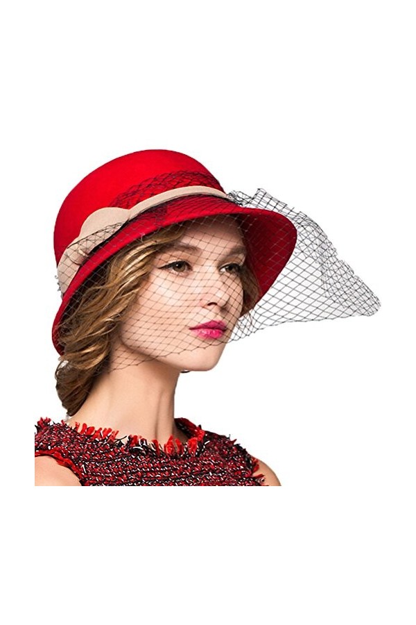 Maitose™ De la Femme Laine en Feutre Fleurs Eglise Bowler Hats Veil Vin Rouge