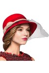 Maitose™ De la Femme Laine en Feutre Fleurs Eglise Bowler Hats Veil Vin Rouge