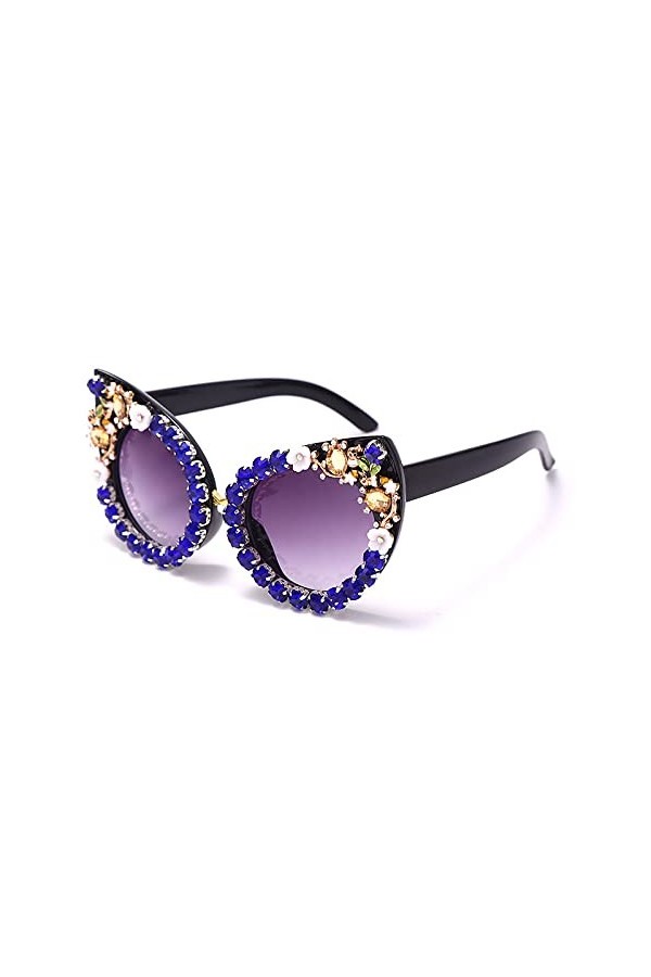 HCHES Style Grand Cadre Vintage Oeil de Chat avec Lunettes de Soleil Diamant Lunettes de Soleil Femme,bleu,Taille Unique