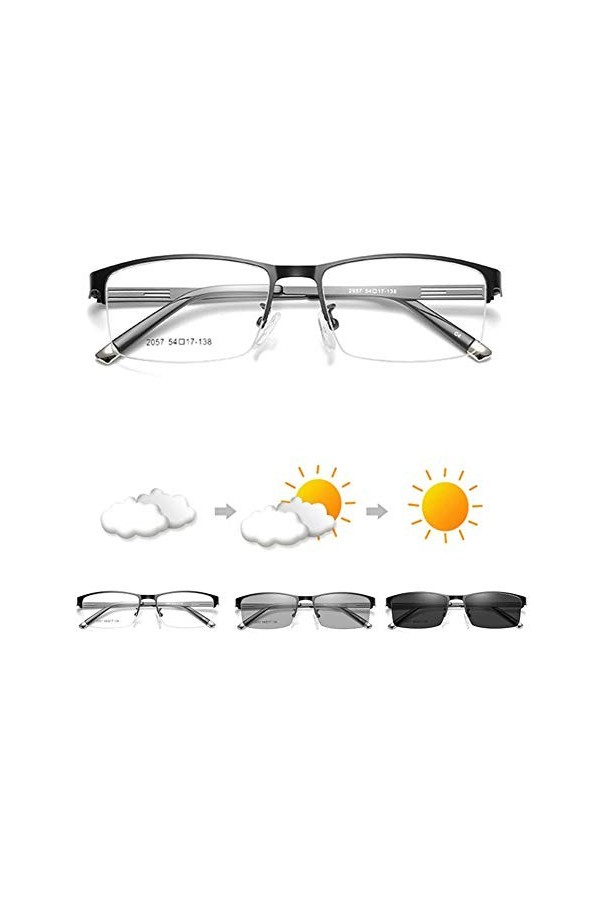 YXW Presbytes Lunettes de Soleil pour Homme +2,00 Métal Demi Frame Extérieur Photochromique Anti-UV Lunettes de Conduite