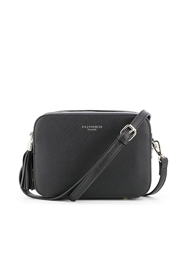 flora & co - Sac Caméra Bandoulière Femme Double Zip Frange - Sacoche Porté Epaule Croisé Forme Rectangle - Besace Ville Four