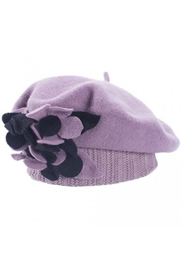 Lawliet Loretta Béret dhiver 100 % laine pour femme Motif floral, violet clair, taille unique