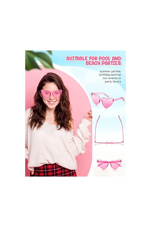 JDHXBMW Lot de 8 paires de lunettes de soleil en forme de cœur rose sans monture - Accessoires de sensibilisation au cancer d