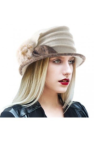 Ruphedy Béret bob pour femme - Style vintage des années 1920 - En laine, Pom-crème, taille unique
