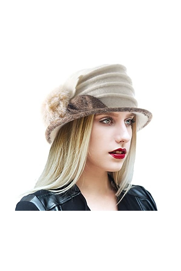 Ruphedy Béret bob pour femme - Style vintage des années 1920 - En laine, Pom-crème, taille unique