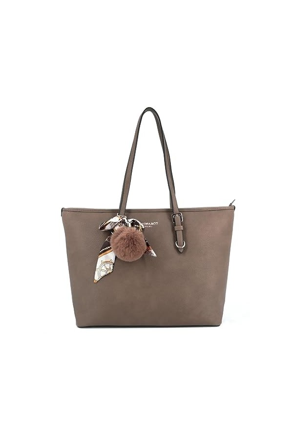 flora & co - Sac à Main Femme Pompon Fourrure Foulard Satin Imprimé - Sac Cabas Fourre-Tout Format A4 Cours Lycée - Sac Shopp