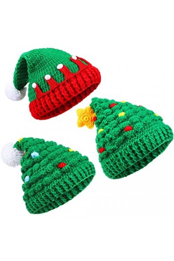 Jadive 3 Pcs Chapeaux de Père Noël Unisexes Hiver Bonnet Épais en Tricot Vert Arbre de Noël avec Pompons en Fourrure, 3 Modèl