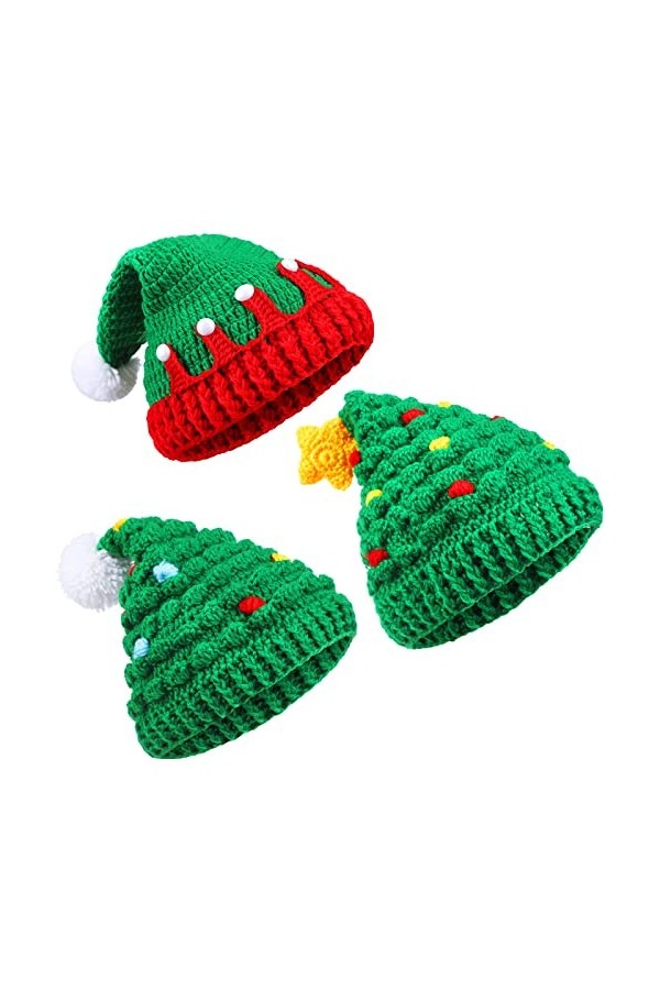 Jadive 3 Pcs Chapeaux de Père Noël Unisexes Hiver Bonnet Épais en Tricot Vert Arbre de Noël avec Pompons en Fourrure, 3 Modèl