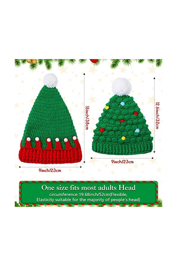 Jadive 3 Pcs Chapeaux de Père Noël Unisexes Hiver Bonnet Épais en Tricot Vert Arbre de Noël avec Pompons en Fourrure, 3 Modèl