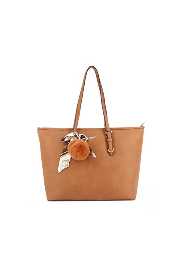 flora & co - Sac à Main Femme Pompon Fourrure Foulard Satin Imprimé - Sac Cabas Fourre-Tout Format A4 Cours Lycée - Sac Shopp