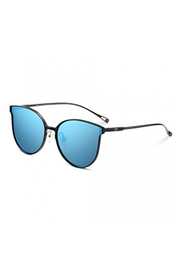 SHES SH8003 Lunettes de soleil polarisées rondes rétro pour femme Protection UV400, Monture noire Revo Blue Lens