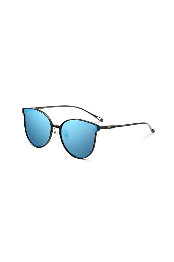 SHES SH8003 Lunettes de soleil polarisées rondes rétro pour femme Protection UV400, Monture noire Revo Blue Lens