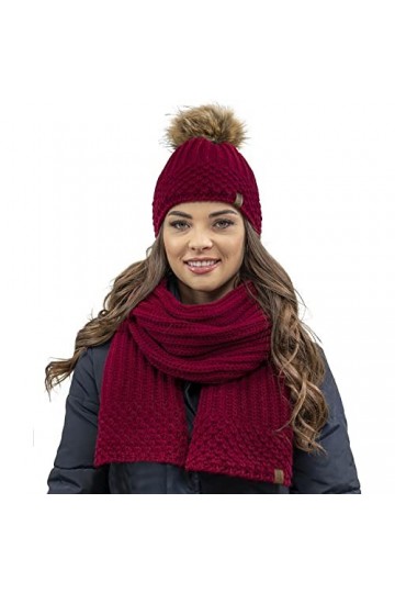 VIVISENCE Bonnet + Echarpe Classique Et Élégant 7016Kmpl, Bordeaux,UNI