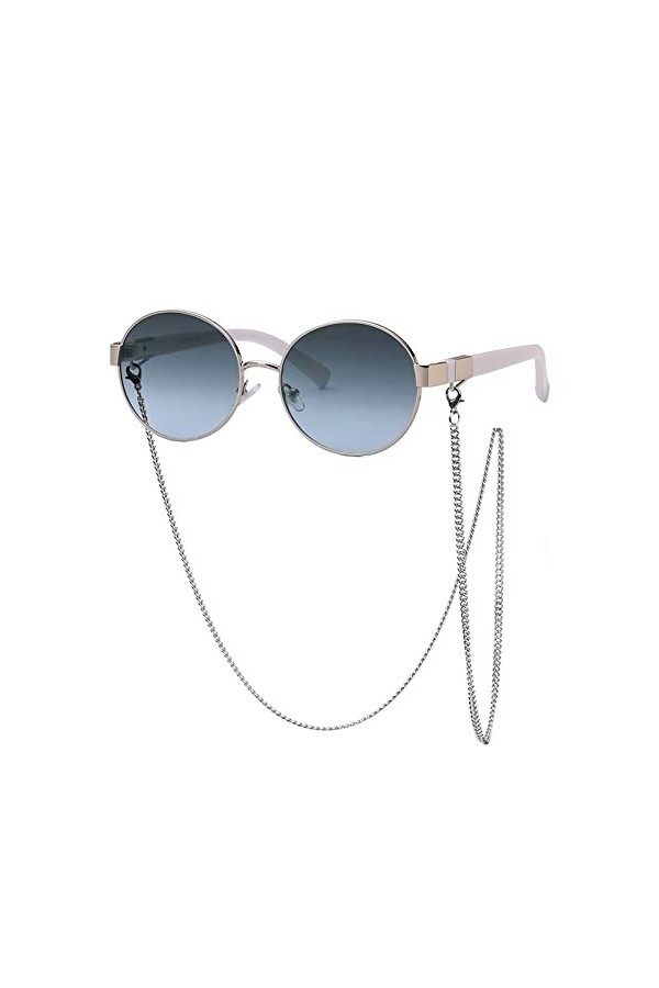HPIRME Vintage surdimensionné rond avec chaîne lunettes de soleil femmes cadre lunettes de soleil dames nuances, gris bleu, t