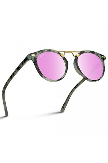 WearMe Pro Lunettes de soleil polarisées rondes rétro double pont vintage pour femme, Tortue blanche/verre rose miroir, taill