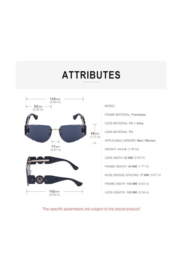 HCHES Lunettes de soleil punk sans monture femmes hommes lunettes de soleil œil de chat pour dames vintage carré lunettes san