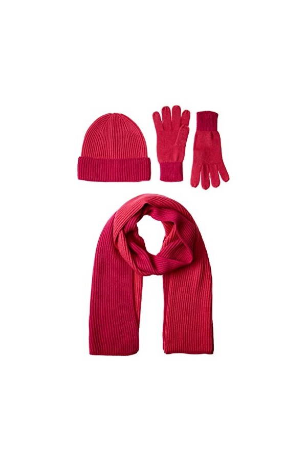 Amazon Essentials Ensemble Bonnet, écharpe et Gants en Tricot pour Adulte - Violet Betterave/Rose Fandango - Taille Unique