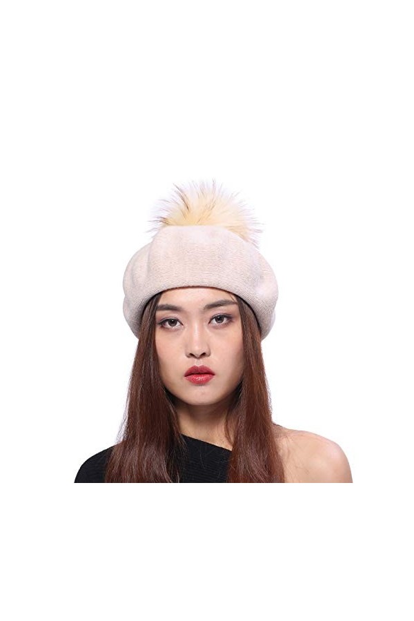 BeFur Béret Cachemire Couleur Unie Femme avec Pompon Balle Raton Laveur Gris