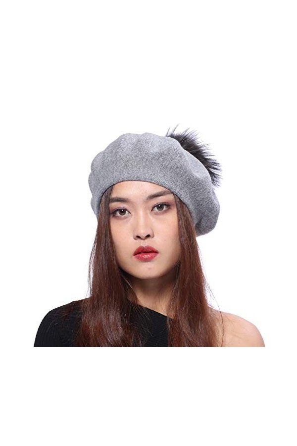 BeFur Béret Cachemire Couleur Unie Femme avec Pompon Balle Raton Laveur Gris