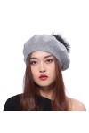 BeFur Béret Cachemire Couleur Unie Femme avec Pompon Balle Raton Laveur Gris