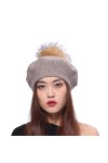 BeFur Béret Cachemire Couleur Unie Femme avec Pompon Balle Raton Laveur Gris