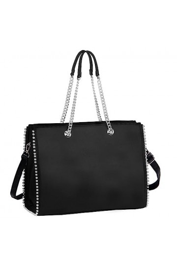 CRAZYCHIC - Sac à Main Porté Epaule Chaînes Femme - Cabas Shopper Clous Billes Perles Métal Argenté - Fourre-Tout Rectangle S