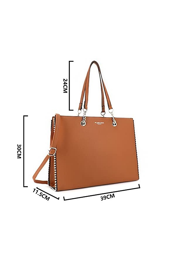 Sac A Main Femme Chaînes Perles Billes - Sac Cabas Similicuir Grainé - Sac Cours Travail Format A4 - Sac Porté Epaule Bandoul