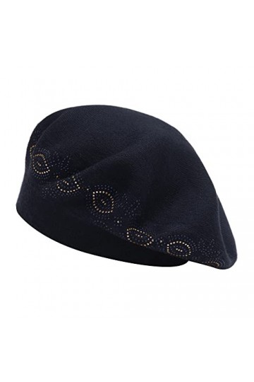 ZLYC Béret français réversible pour femme, couleur unie, mosaïque de cachemire, chapeau chaud pour filles, Strass bleu marine